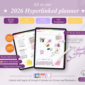 Puede incluir: Un planificador digital en una tableta con el texto "2026 Hyperlinked planner". El planificador incluye integración de calendario, pegatinas gratuitas y plantillas. El diseño es en tonos de morado y blanco.