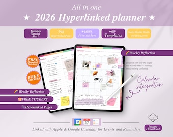 Hyperlinked Planner 2026, Productivity & Calendar Integration, Goals, Wellness, Finance, Daily, Weekly, Monthly Yearly Templates.