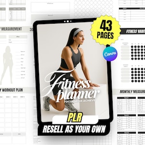 Puede incluir: Un planificador de fitness con una mujer en ropa de entrenamiento, con el texto "Fitness Planner" y "Focus Move Achieve". El planificador incluye páginas para medidas corporales, planes de entrenamiento diarios y hábitos de fitness. El texto "43 Pages" también es visible.