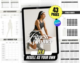 May include: A fitness planner with a woman in workout attire, with the text "Fitness Planner" and "Focus Move Achieve". The planner includes pages for body measurements, daily workout plans, and fitness habits. The text "43 Pages" is also visible.