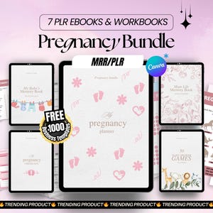 Puede incluir: Un paquete digital de embarazo con siete libros electrónicos y cuadernos. La portada del planificador principal es blanca con huellas de bebé rosas, corazones y flores. Otras portadas presentan ilustraciones temáticas de bebés y texto como "My Baby's Memory Book".