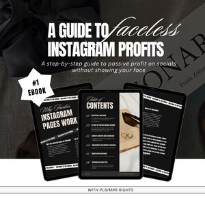 Op de afbeelding: Een zwart-witte ebook-omslag met de titel "A Guide to Faceless Instagram Profits" en de ondertitel "A step-by-step guide to passive profit on socials without showing your face". De omslag bevat ook de tekst "#1 Ebook" en "Why Faceless Instagram Pages Work".