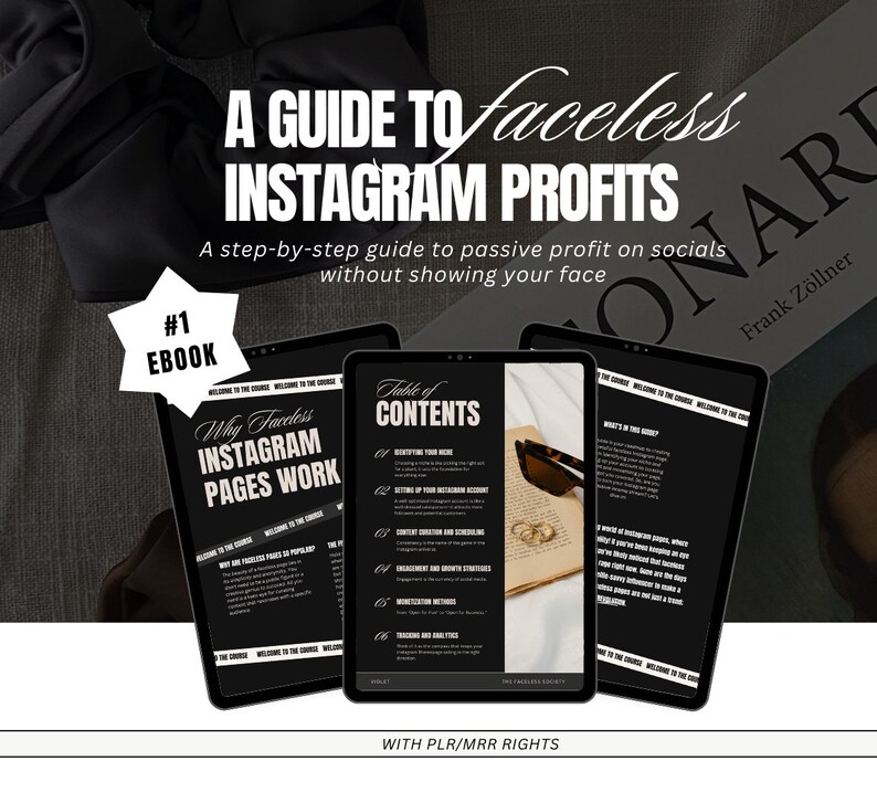 Op de afbeelding: Een zwart-witte ebook-omslag met de titel "A Guide to Faceless Instagram Profits" en de ondertitel "A step-by-step guide to passive profit on socials without showing your face". De omslag bevat ook de tekst "#1 Ebook" en "Why Faceless Instagram Pages Work".
