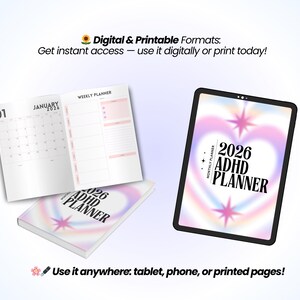 May include: A digital and printable 2026 ADHD planner. The image shows a planner in three formats: a physical planner, an open planner, and a tablet displaying the planner. The planner has a soft pastel colour scheme and includes the text "Digital & Printable Formats".