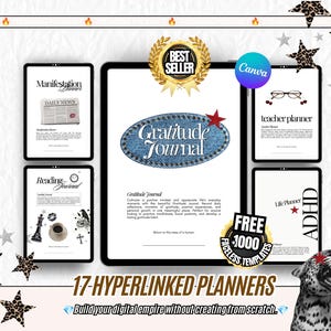 Puede incluir: Una colección digital de 17 planificadores con hipervínculos mostrados en pantallas de tabletas, que incluye un diario de gratitud con un gráfico ovalado de textura de mezclilla, un planificador de manifestación y un diario de lectura.