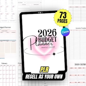 Puede incluir: Un planificador de presupuesto digital para 2026, con un diseño rosa y negro. El planificador incluye calendarios mensuales, rastreadores de ingresos y hojas de gastos. La imagen también muestra el texto "73 Páginas" y "Resell as your own."