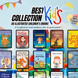 Puede incluir: Una colección de 50 libros electrónicos para niños ilustrados, con portadas coloridas que muestran diversos personajes y escenas. Los libros electrónicos están dispuestos en una cuadrícula sobre un fondo de bloques coloridos. El texto "BEST Kid's COLLECTION" se muestra en la parte superior de la imagen, junto con el texto "THE ORIGINAL PACK".