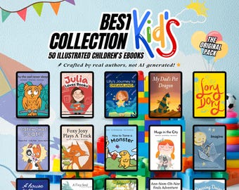 Op de afbeelding: Een verzameling van 50 geïllustreerde kinder-e-books, met kleurrijke omslagen met verschillende personages en scènes. De e-books zijn gerangschikt in een rasterpatroon op een achtergrond van kleurrijke blokken. De tekst "BEST Kid's COLLECTION" staat bovenaan de afbeelding, samen met de tekst "THE ORIGINAL PACK".
