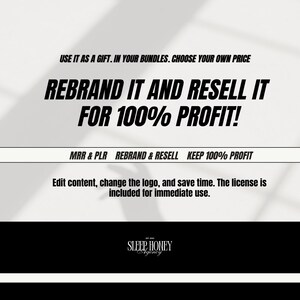 Op de afbeelding: Een witte achtergrond met zwarte tekst die "USE IT AS A GIFT. IN YOUR BUNDLES. CHOOSE YOUR OWN PRICE" en "REBRAND IT AND RESELL IT FOR 100% PROFIT!" luidt. De tekst "MRR & PLR REBRAND & RESELL KEEP 100% PROFIT" staat in een zwarte balk. Onder de balk staat de tekst "Edit content, change the logo, and save time. The license is included for immediate use." Onderaan het beeld staat een zwarte balk met de tekst "SLEEP HONEY Agency".