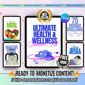 Puede incluir: Maquetas de productos digitales en tabletas, mostrando planificadores de salud y bienestar. La tableta central muestra "ULTIMATE HEALTH & WELLNESS Planner Kit". Otras tabletas muestran "Starr's Meal", "Healthy Living" y "75 Medium Challenge".
