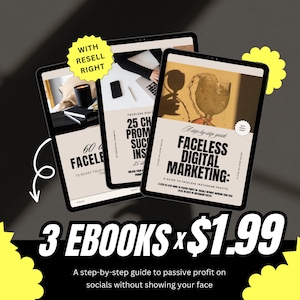 Op de afbeelding: Drie digitale marketing-eBooks met een gele sterburst-afbeelding en de tekst "3 EBOOKS x $ 1,99" en "Een stapsgewijze handleiding voor passief winst op sociale media zonder je gezicht te laten zien". De eBooks zijn getiteld "60 Faceless Digital Marketing Tips om je Instagram-winst te verhogen", "25 uitdagingen om je succes op Instagram te promoten" en "Faceless Digital Marketing: Een stapsgewijze handleiding voor Faceless Instagram-winst".