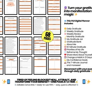 May include: Digital planner with 68 pages, featuring templates for daily and weekly gratitude, self-reflection, and goal setting. Includes the text "Turn your gratitude into manifestation magic" and "Reconnect with your purpose through daily gratitude."