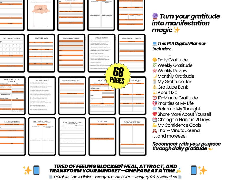 May include: Digital planner with 68 pages, featuring templates for daily and weekly gratitude, self-reflection, and goal setting. Includes the text "Turn your gratitude into manifestation magic" and "Reconnect with your purpose through daily gratitude."