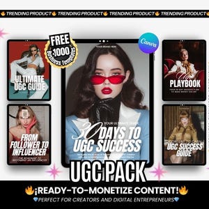 Puede incluir: Un pack UGC digital con una tableta central que muestra "30 Days to UGC Success" y una mujer con gafas de sol rojas. Las tabletas circundantes muestran guías como "Ultimate UGC Guide" y "Playbook". El texto "Ready-to-Monetize Content!" también es visible.