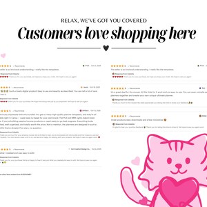 May include: Image features the text "Customers love shopping here" with customer reviews and a pink cat holding a heart. The reviews are displayed with star ratings and customer comments. Pink hearts are scattered around the text and cat.