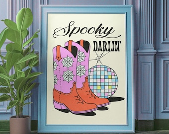 Western Halloween Print, Cowgirl Boots Art Print, Halloween Wall Art, Pink Halloween Art