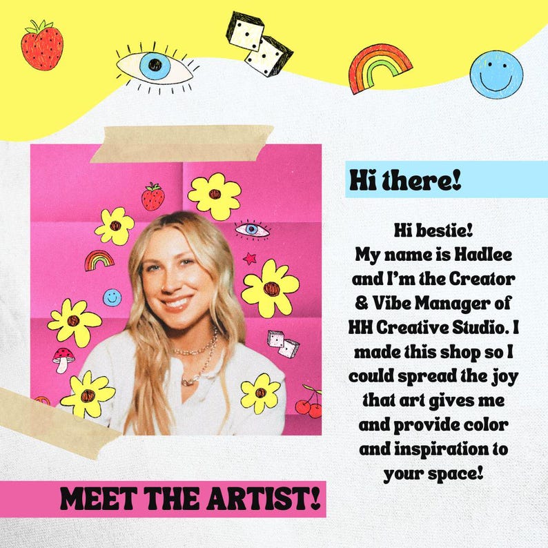 May include: A promotional graphic with a pink background and the text "MEET THE ARTIST!". The image features a smiling woman surrounded by colorful illustrations of flowers, rainbows, and dice. Text reads "Hi there!" and introduces the artist.