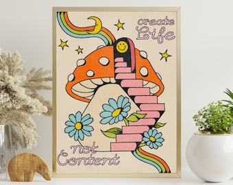 Retro Mushroom Print, Colorful Garden Wall Art
