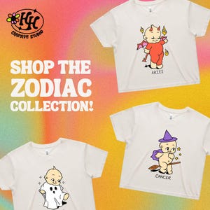 May include: White t-shirts featuring cartoon zodiac characters: Aries, Cancer, and a ghost. The shirts are part of the "Shop the Zodiac Collection!" with a colorful background. The HHC Creative Studio logo is in the upper left corner.