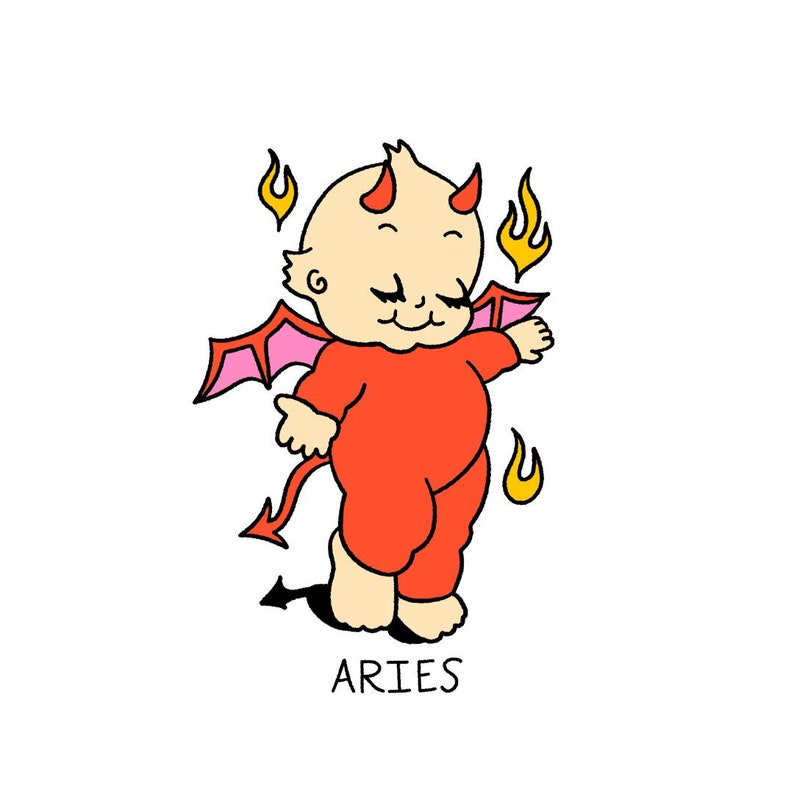 Puede incluir: Ilustraci&oacute;n de dibujos animados de un beb&eacute; diablo con un mono rojo, cuernos peque&ntilde;os, alas rosas y una cola. Llamas rodean al beb&eacute;, y la palabra "ARIES" est&aacute; escrita debajo.