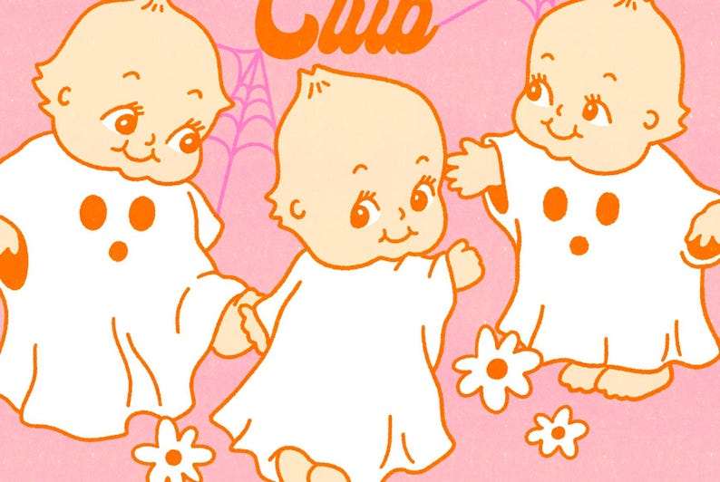 May include: Illustration of three cartoon babies dressed as ghosts, with orange accents and a pink background. The babies are smiling and surrounded by flowers. The word "Club" is written in orange at the top.