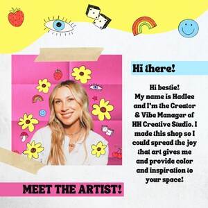 Puede incluir: Gr&aacute;fico promocional con el texto "Hi there!" y "Meet the Artist!" con una mujer sonriente. La imagen est&aacute; decorada con ilustraciones de dibujos animados de flores, arco&iacute;ris y dados.