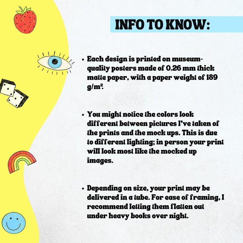 May include: A graphic with the text "INFO TO KNOW:" and bullet points about the product. The text describes the museum-quality posters, paper weight, and color variations. It also mentions the prints may be delivered in a tube.