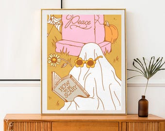 Cute Ghost Art, Funny Ghost, Halloween Print, Halloween Decor, Cemetery Ghost Art, Ghost Reading A Book