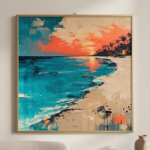 Puede incluir: Pintura abstracta de una escena de playa con una vibrante puesta de sol. La obra presenta agua turquesa, una playa arenosa y un cielo naranja y rojo intenso. Las palmeras se siluetean contra la puesta de sol, enmarcada en un marco dorado.