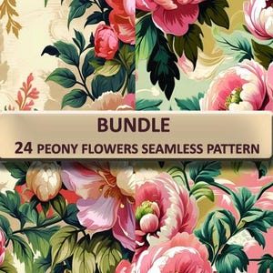 Pode incluir: Um padrão floral com peónias rosa e creme e folhas verdes. O design inclui o texto "BUNDLE 24 PEONY FLOWERS SEAMLESS PATTERN" numa faixa retangular. O fundo é de cor creme claro.
