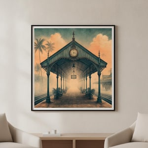 May include: A framed wall art print depicting a vintage train station platform with a teal metal roof structure, a central clock, and a hanging sign labeled 7. The scene features palm trees in the background under a soft, hazy orange and blue sky.