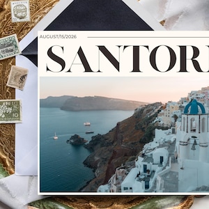 Cartolina Save the Date di Santorini / Matrimonio a destinazione in Grecia / Modello Canva modificabile per matrimonio a destinazione in Costa Azzurra