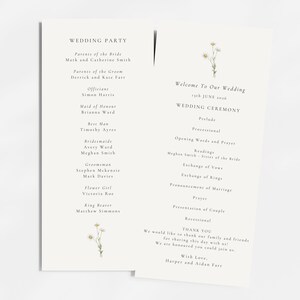 May include: Wedding ceremony order of service with a floral design. The order of service lists the officiant, readings, exchange of vows, and the presentation of the couple. The order of service also includes a thank you message to guests.