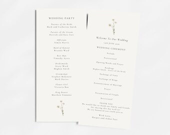 May include: Wedding ceremony program with a floral design. The program lists the order of events, including the officiant, readings, exchange of vows, and the presentation of the couple. The program also includes a thank you message to guests.