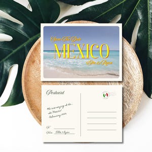 Le Mexique réserve la carte postale | de Carte postale de mariage à destination de | Toile modifiable pour mariage sur la plage | Invitation tropicale imprimable