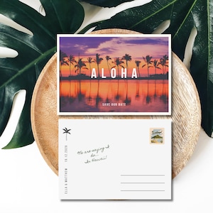 Plantilla para guardar la fecha en Hawái / Plantilla de postal para boda de destino / Diseño editable en Canva para boda en la playa / Invitación tropical imprimible