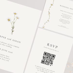 May include: Wedding invitation suite with a white background and a floral design. The invitation card features the text "HARPER and AIDAN" and the date "13th JUNE 2026". The RSVP card includes a QR code and the text "Kindly Respond By May 1st".