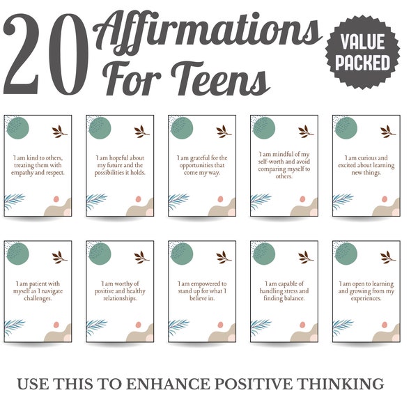 Daily Affirmations For Teens - 20 Positive Affirmations | Self Care | Self Esteem | Inspiring Gift For Teens