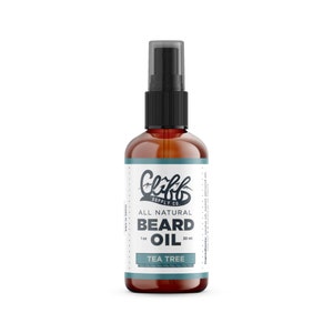 May include: A brown glass bottle with a black spray nozzle and a white label. The label says "Cliff Supply Co. All Natural Beard Oil 1 oz 30 ml Tea Tree".