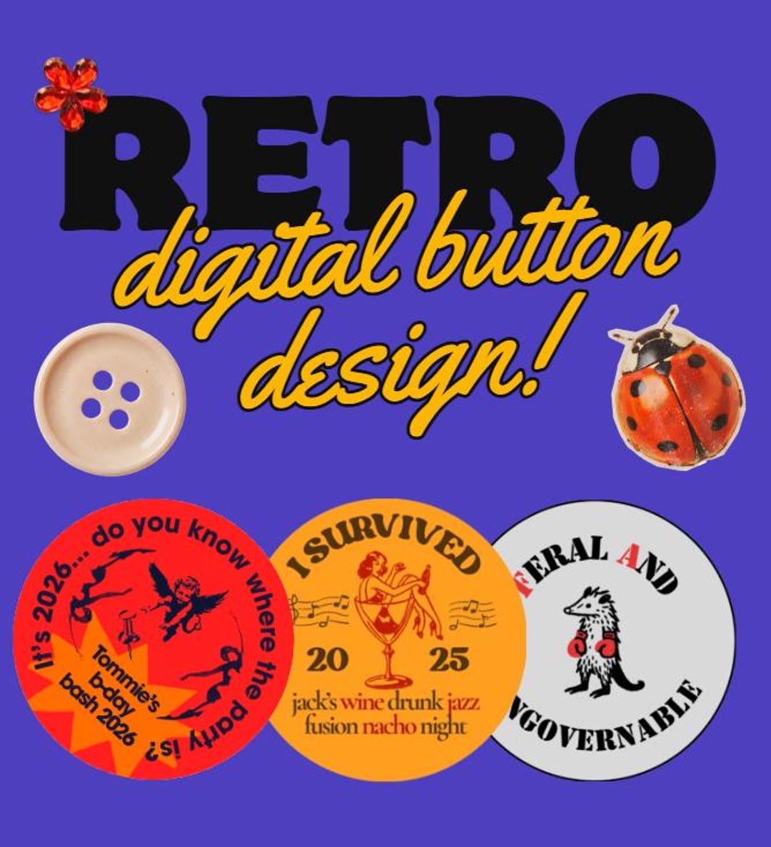 Retro Linkbutton Custom Retro Button Design | Personalized Vintage-style Pin Artwork ...