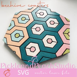 Hex-Shaped Beehive Honeycomb Coasters - Vector file for Laser Cutting, 5 variations included and instructions, svg, eps, pdf, ai, dxf, cdr