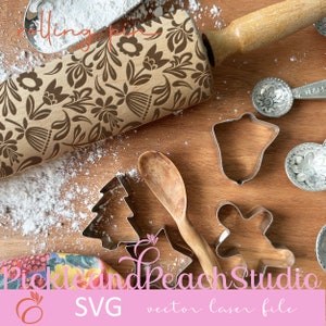 Rolo de massa com padrão de flores de arte popular, textura em relevo - arquivo vetorial para gravação a laser e instruções, svg, eps, pdf, ai, dxf, cdr