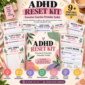 Può includere: Un kit di ripristino ADHD, toolkit stampabile per le funzioni esecutive, con una pagina di copertina centrale circondata da vari fogli di lavoro con titoli come I Can't Start This Task, tutti decorati con illustrazioni botaniche.
