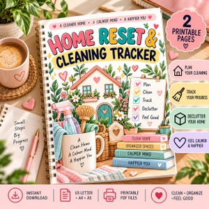 Pode incluir: Um planejador de espiral Home Reset & Cleaning Tracker com uma ilustração colorida de uma casa, materiais de limpeza e uma lista de verificação. A capa inclui o texto 'A Cleaner Home, A Calmer Mind, A Happier You' e '2 Printable Pages'.