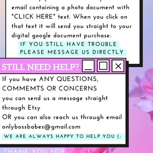 K&ouml;nnte beinhalten: Ein digitales Dokument mit Text auf rosa und wei&szlig;em Hintergrund. Der Text enth&auml;lt Anweisungen zum Auffinden einer Datei nach dem Kauf und zur Hilfe. Das Dokument enth&auml;lt auch den Text "CLICK HERE".