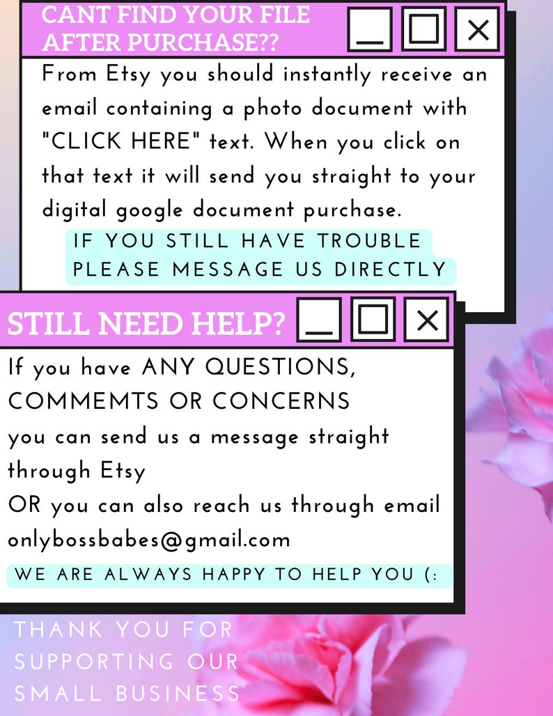 K&ouml;nnte beinhalten: Ein digitales Dokument mit Text auf rosa und wei&szlig;em Hintergrund. Der Text enth&auml;lt Anweisungen zum Auffinden einer Datei nach dem Kauf und zur Hilfe. Das Dokument enth&auml;lt auch den Text "CLICK HERE".