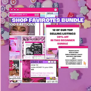 Puede incluir: Un gráfico digital rosa y morado que promociona un "Shop Favorites Bundle" con 100 leyendas. La imagen incluye texto sobre listados de venta, paquetes para principiantes y consejos para ganar dinero. Elementos decorativos: corazones y estrellas.
