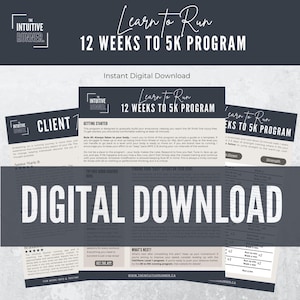 Puede incluir: Descarga digital para un programa de carrera de 5 km de 12 semanas. El diseño presenta el texto "Learn to Run" y "12 Weeks to 5K Program" en blanco sobre un fondo oscuro. Incluye testimonios de clientes y detalles del programa.