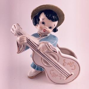 Vintage ceramic planter, Asian Girl with Guitar Planter, Vase made in Japan, Oriental lady planter, Unique gift for plant or succulent lover