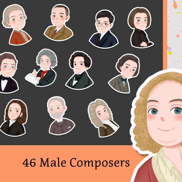 Cute composer waterproof sticker, 46 composer options, for violin case, cello case, laptop, journal, phone case, Mozart, Beethoven, Chopin
